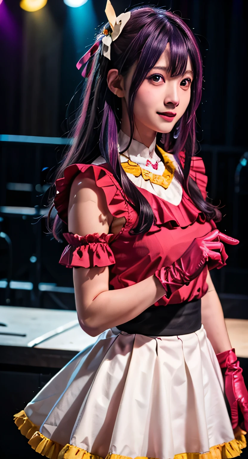 masterpiece, RAW Photos, 8K Ultra High Resolution, fine grain, Detailed face, Highest quality, Very detailed,alone, hoshinoai, skirt, Pink gloves, hair ornaments, View your audience, heart, Purple eyes, Light purple hair,