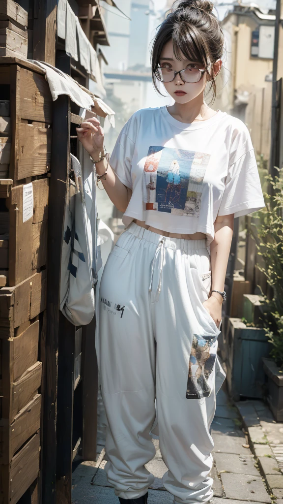 (Highest quality:1.2)。One Woman。Glasses。Angry expression。(Wearing a shirt)。(standing)。The background is a white。(the word "SELA" is written on his shirt ) 