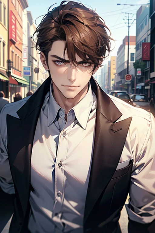(tmasterpiece, high resolution, ultra - detailed:1.0), (1 male, masculine face, 31 years), Perfect male body, tall and strong, Adult male, Delicate eyes and delicate face, Extremely detailed CG, Unity 8k wallpaper, Complicated details, Detailed face, (short brown hair, short hair, smile in love faces, blur eyes, white shirts,), (frown, smile in love:1.3), stad in corporativo, empresa, street style, color difference, Depth of field, dramatic shadow, Ray tracing, Best quality, Cinematic lighting, offcial art,Portrait