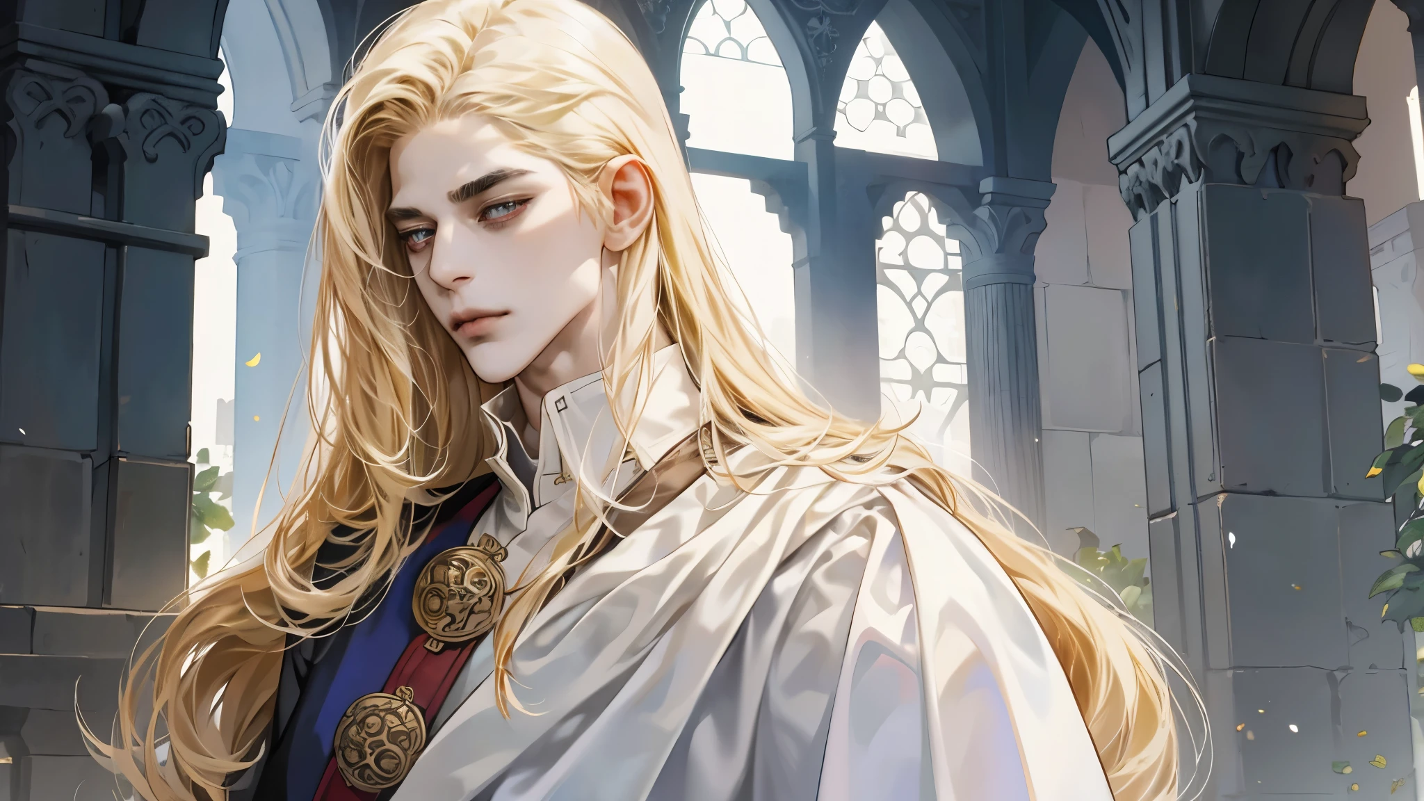Middle Ages, One, Castlevania Lord handsome, a thin man heads a monastery, beautiful robe, white fabric clothes, A cross hangs around my neck, priest, dynamic pose, super detailed face, long hair, blonde hair, Sharp facial features, adult, handsome man, heavenly eyes, beautiful hands, in a beautiful garden, deep light, detailed face, A thoughtful look , beautiful fingers
