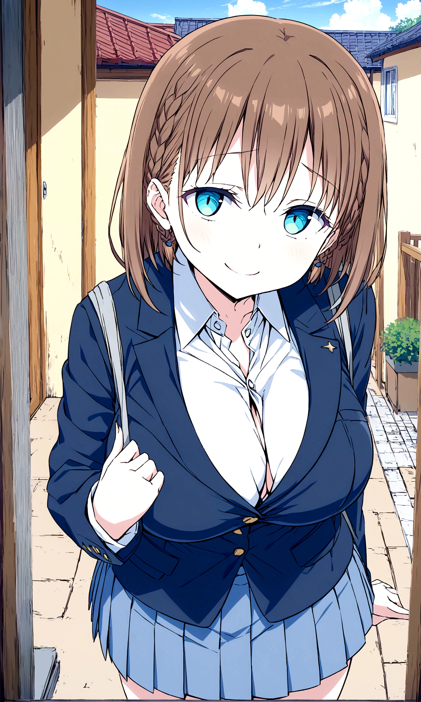 Tawawa on Monday,Ai-chan,Big Breasts,cleavage cutout,high school girl,source_anime, 1girl, 独奏,whole body,brown hair, cyan eyes, braid,Blue Blazer,white shirt, collared shirt, pleated skirt, blue skirt, large breasts, looking at you,naughty face,Garbage house,hentai,finely detailed beautiful face,high quality,anime,beautiful,High resolution,anime color,{{{{8K_wallpaper}}}},{{{masterpiece}}},{{{{extremely detailed eyes}}}},{{{{extremely detailed body}}}},{{{{extremely detailed finger}}}}