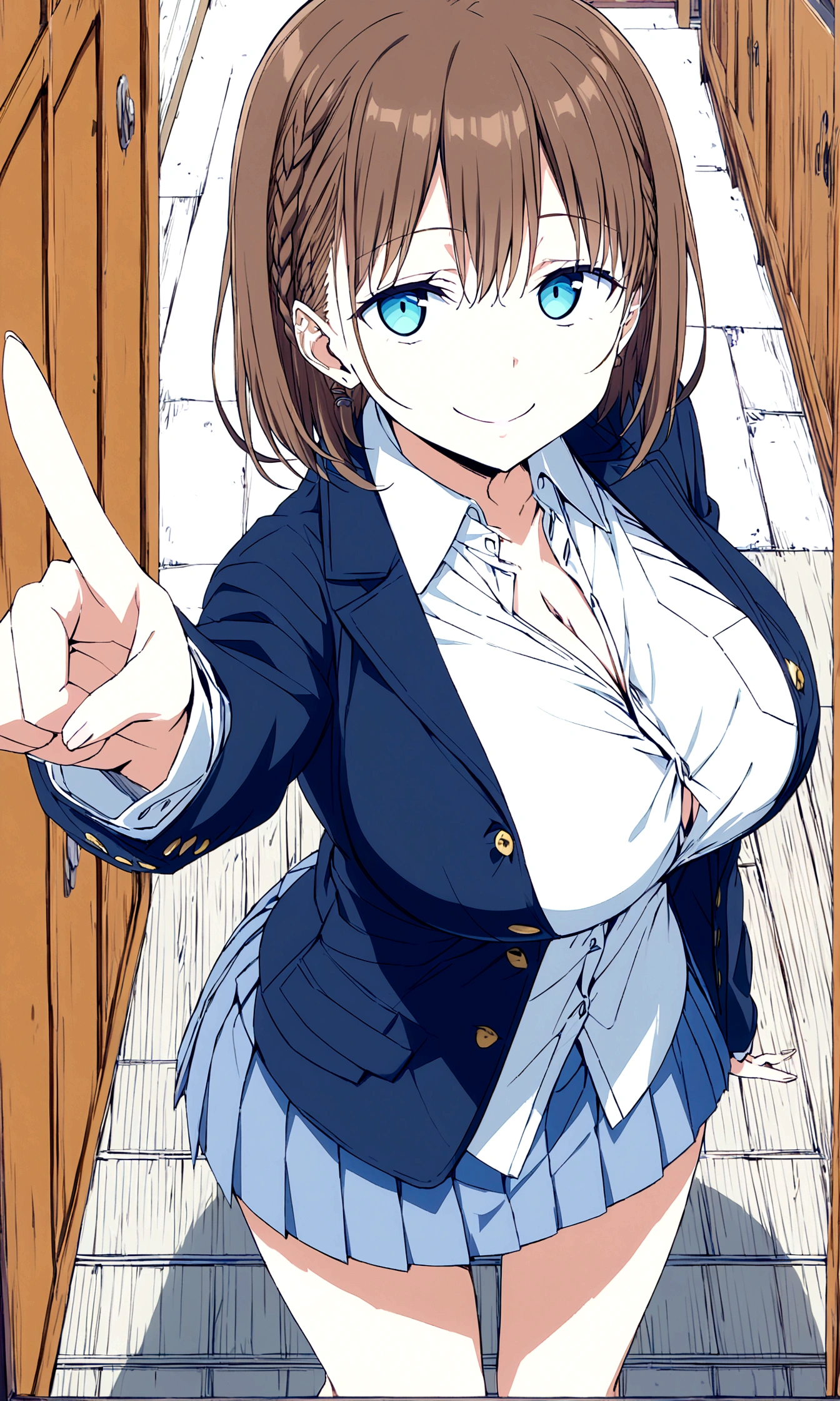 Tawawa on Monday,Ai-chan,Big Breasts,cleavage cutout,high school girl,source_anime, 1girl, 独奏,whole body,brown hair, cyan eyes, braid,Blue Blazer,white shirt, collared shirt, pleated skirt, blue skirt, large breasts, looking at you,naughty face,Garbage house,hentai,finely detailed beautiful face,high quality,anime,beautiful,High resolution,anime color,{{{{8K_wallpaper}}}},{{{masterpiece}}},{{{{extremely detailed eyes}}}},{{{{extremely detailed body}}}},{{{{extremely detailed finger}}}}