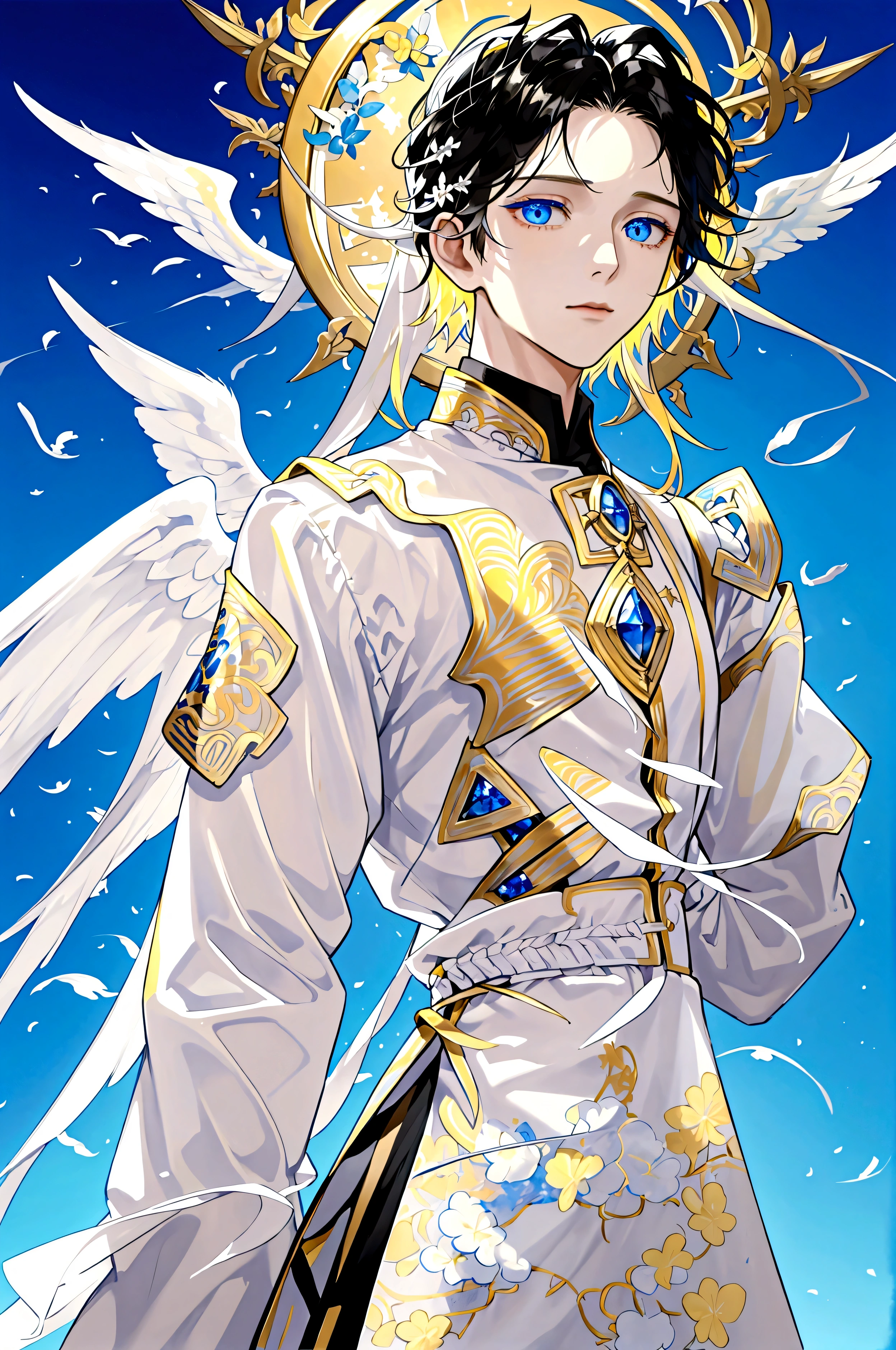 Divide the picture into two halves. The upper half is a light-colored sky consisting of two main colors: white and yellow, with surrounding decorative motifs related to light, gods, and angels. The bottom half is an ocean with dark tones consisting of two main colors: blue and white, the surrounding decorative motifs are schools of small fish. In the upper half, there will be a guy with blond hair and black eyes holding his hand down. At the bottom there will be a guy with black hair and blue eyes raising one hand upward. The fingers of the two of them touched each other.
