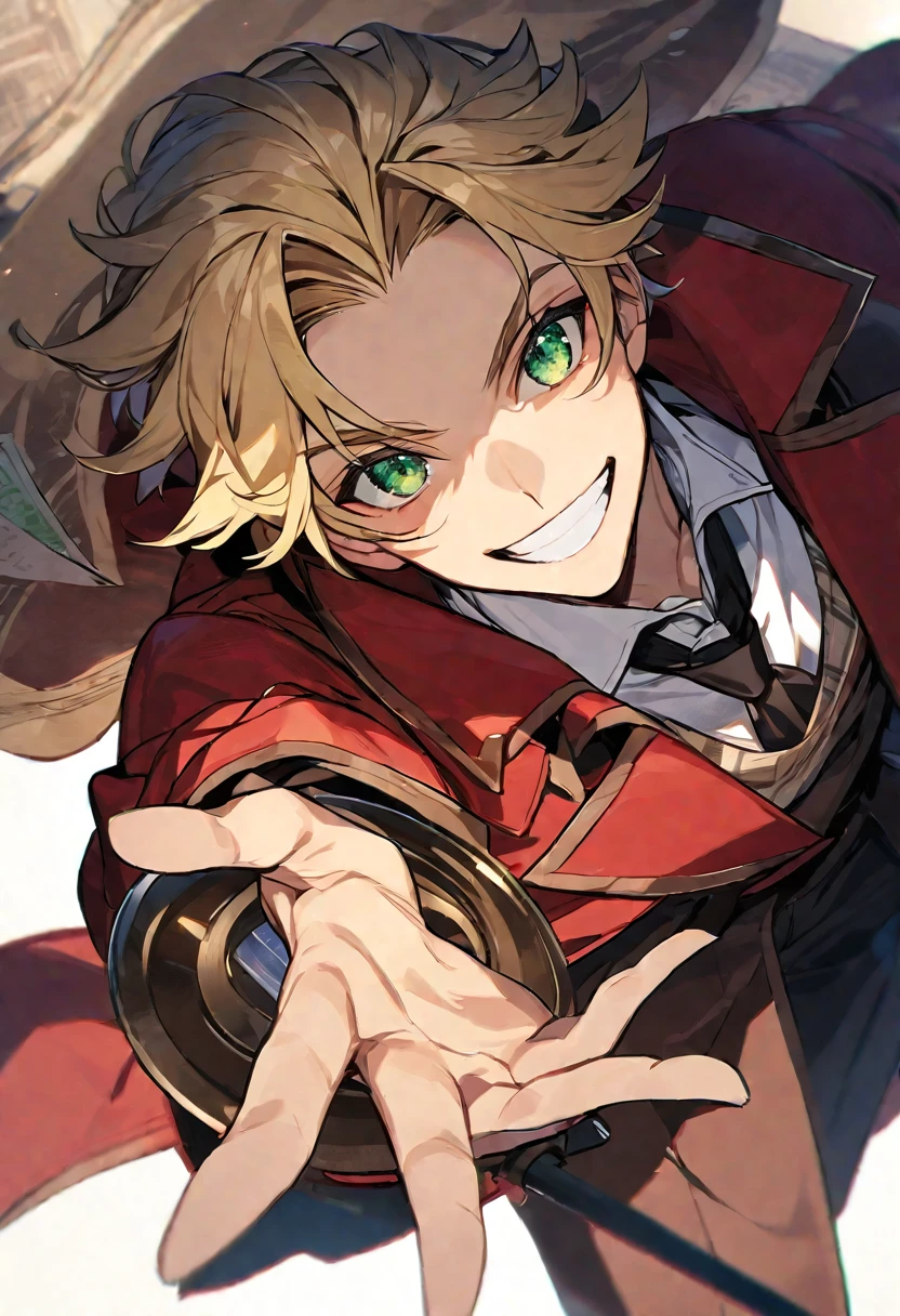 Solo, 1 male, blonde hair, green eyes, white shirt, red coat, detective, smile facial