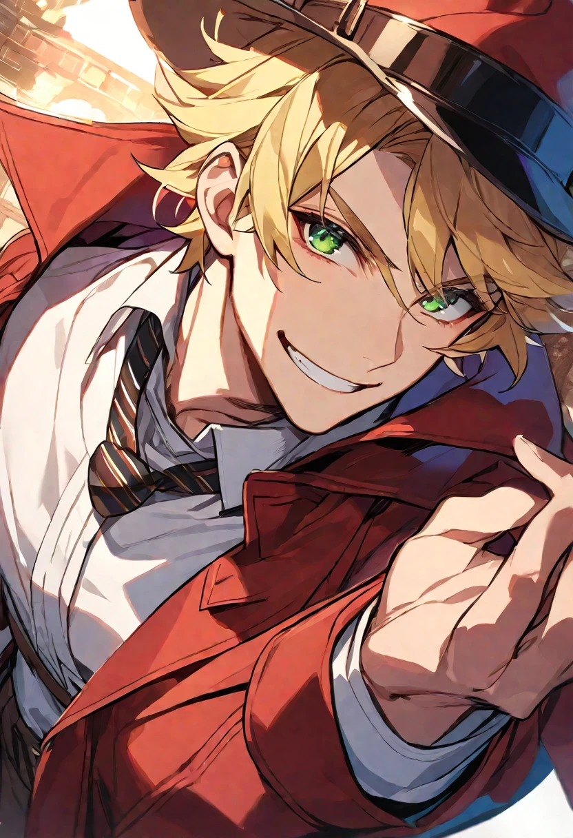 Solo, 1 male, blonde hair, green eyes, white shirt, red coat, detective, smile facial