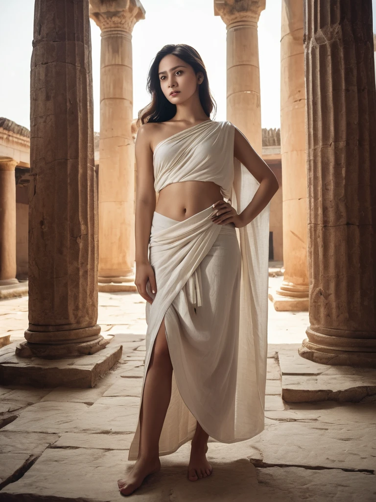 historical photograph of a beautiful girl in a roman temple, beautiful white skin Indonesian 27 year old girl, small round natural breasts, 36-24-36 body ratio, collarbone, wearing loose toga over one shoulder, one bare breast, slender waist, bare legs, long loose hair, detailed face, epic cinematic lighting, sharp focus, dof