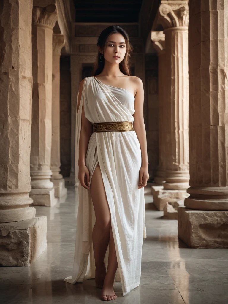 historical photograph of a beautiful girl in a roman temple, beautiful white skin Indonesian 27 year old girl, small round natural breasts, 36-24-36 body ratio, collarbone, wearing loose toga over one shoulder, one bare breast, slender waist, bare legs, long loose hair, detailed face, epic cinematic lighting, sharp focus, dof
