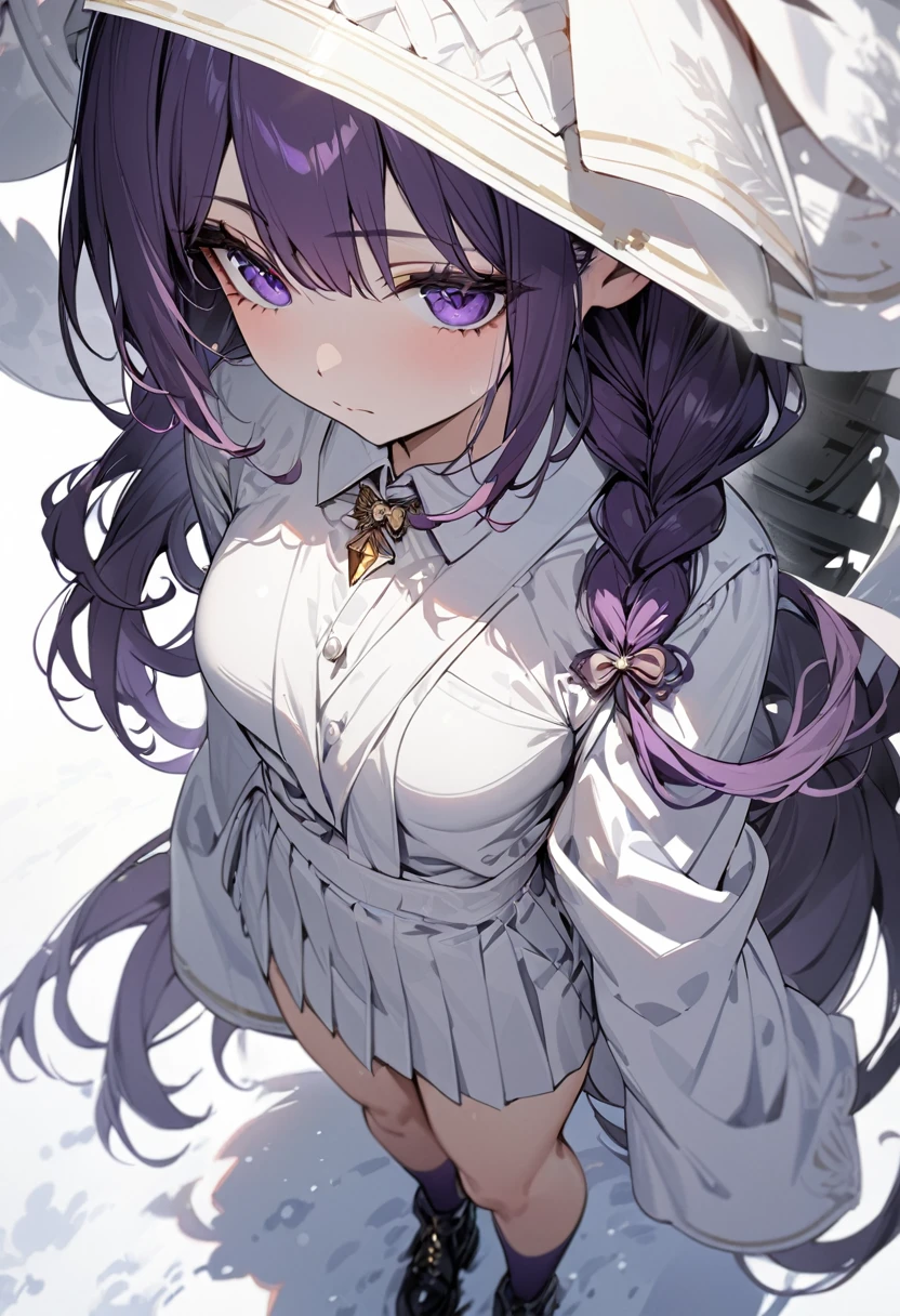 masterpiece, (bestquality), highlydetailed, cold, calm, gentle, expressionless, solo, (1girl), dark purple hair, very long single braid, bright purple eyes, (white collared shirt with white furisode sleeves), thin red bow tie under the collar, (diamond-shaped pin on the front of the bow), black high-waisted pleated skirt, dark purple high socks, black ankle boots, medium breasts, (simple white background), (white empty background), full body, standing,