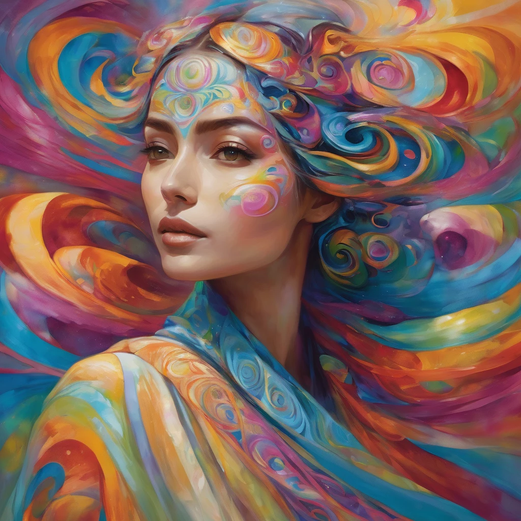 a woman standing, wrapped in colorful and abstract swirls, representing the infinite layers and facets of femininity. Your serene face, but confident, imparts ancient wisdom.
