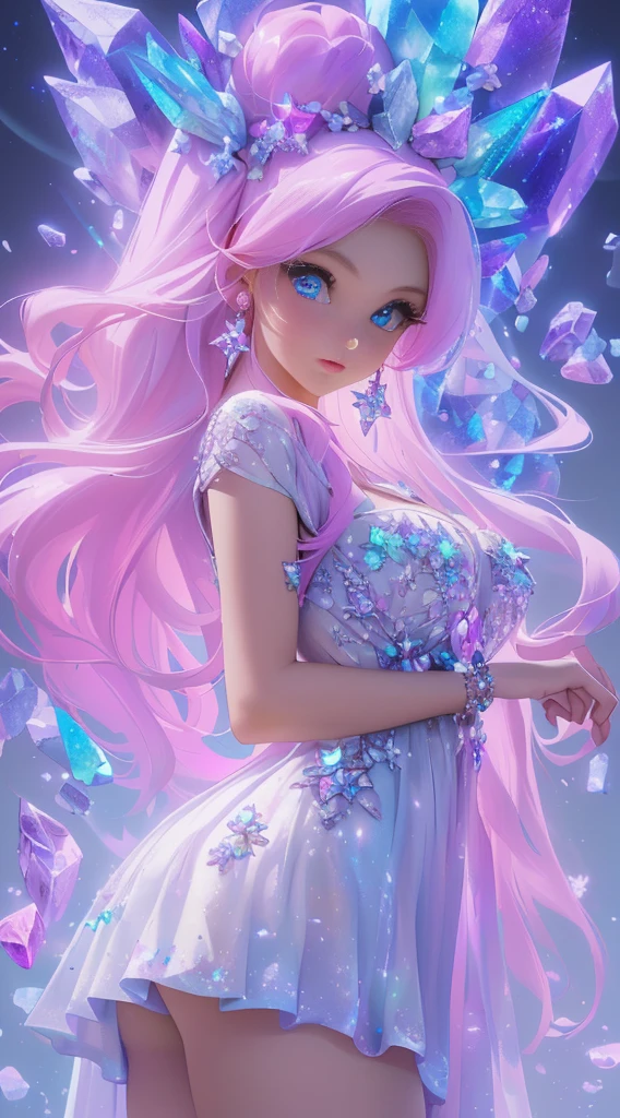 Baby Chibi Anime Ariana Grande vestida with a miniskirt of black blouse, Highly detailed 4K digital art, Detailed 4K digital art, Beeple y Jeremiah Ketner, Digital Cyberpunk - Arte Anime, digital artwork 4 k, High quality 8K detailed art, Estilo Art Wallpaper 4K, (mineral giant quartz background:1.4) , More detailed 8K.unreal engine:1.4,UHD,La Best Quality:1.4, photorealistic:1.4, skin texture:1.4, Masterpiece:1.8,first work, Best Quality,object object], (detailed face features:1.3),(The correct proportions),((convex,detailed fingers))   ,(Beautiful blue eyes:1.4),(perfect anatomy),(short dress with violet quartz crystals:1.4), (quartz crystals:1.4), (ropa de pink quartz crystals :1.4),(mostrando panties White:1.4) ,pink quartz crystals, (fragmentos de pink quartz crystals en el vestido:1.4), (vestido pink quartz crystals), (Long pink hair:1.4),baby  flower dress leaf