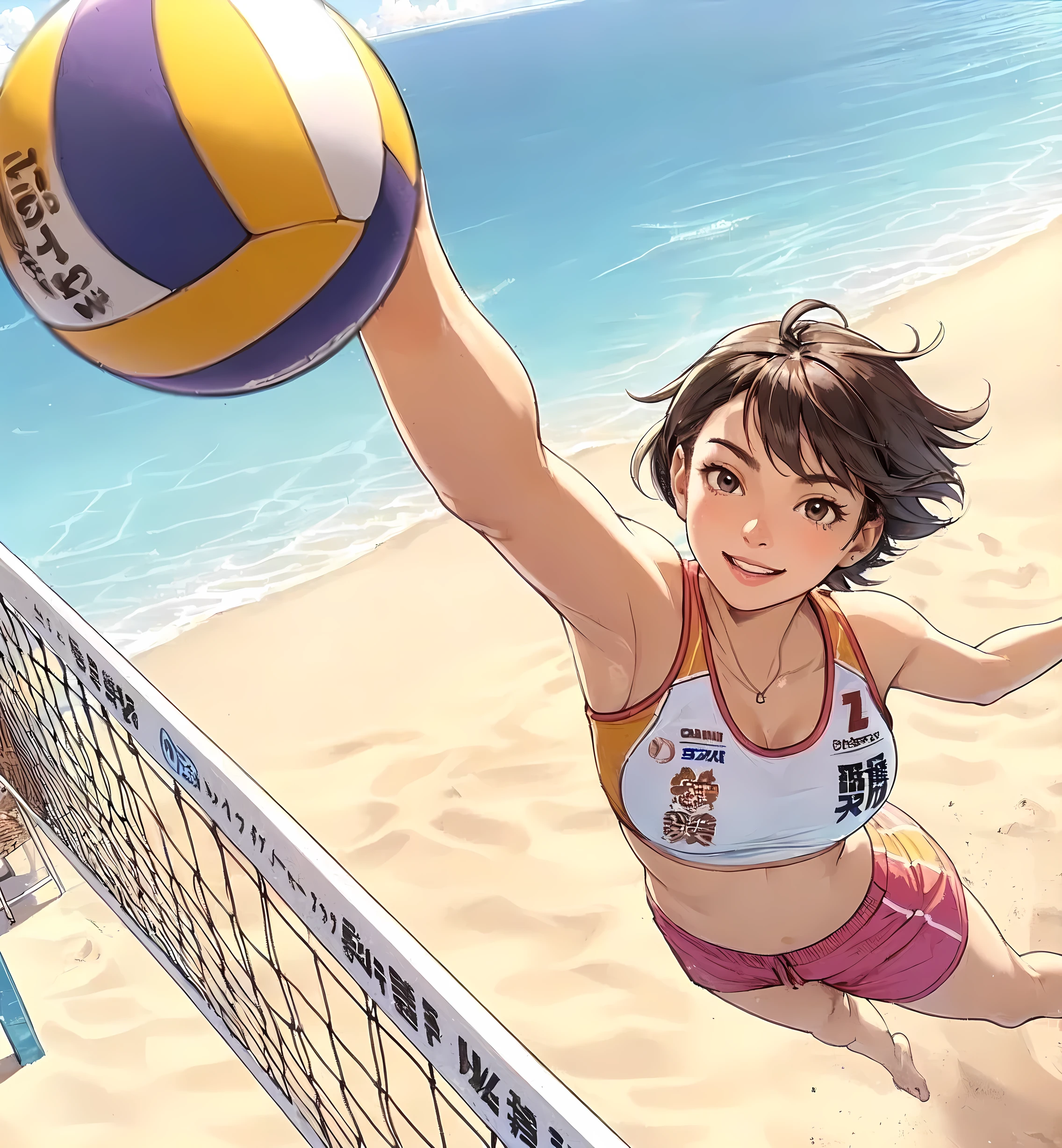 1lady solo, from above, (jumping high) (right next to net), (looking up at ball), (swinging one arm to hit ball) spiking, (dynamic posing), (beach volleyball player), (uniform with company logo) cropped top, (mature female:0.8), /(black hair/) bangs, light smile, (teeth:0.8), (masterpiece best quality:1.2) delicate illustration ultra-detailed, medium breasts, (muscle:0.6) BREAK (sandy beach) outdoors, (beach volleyball court), flying sand, blue sky, detailed background