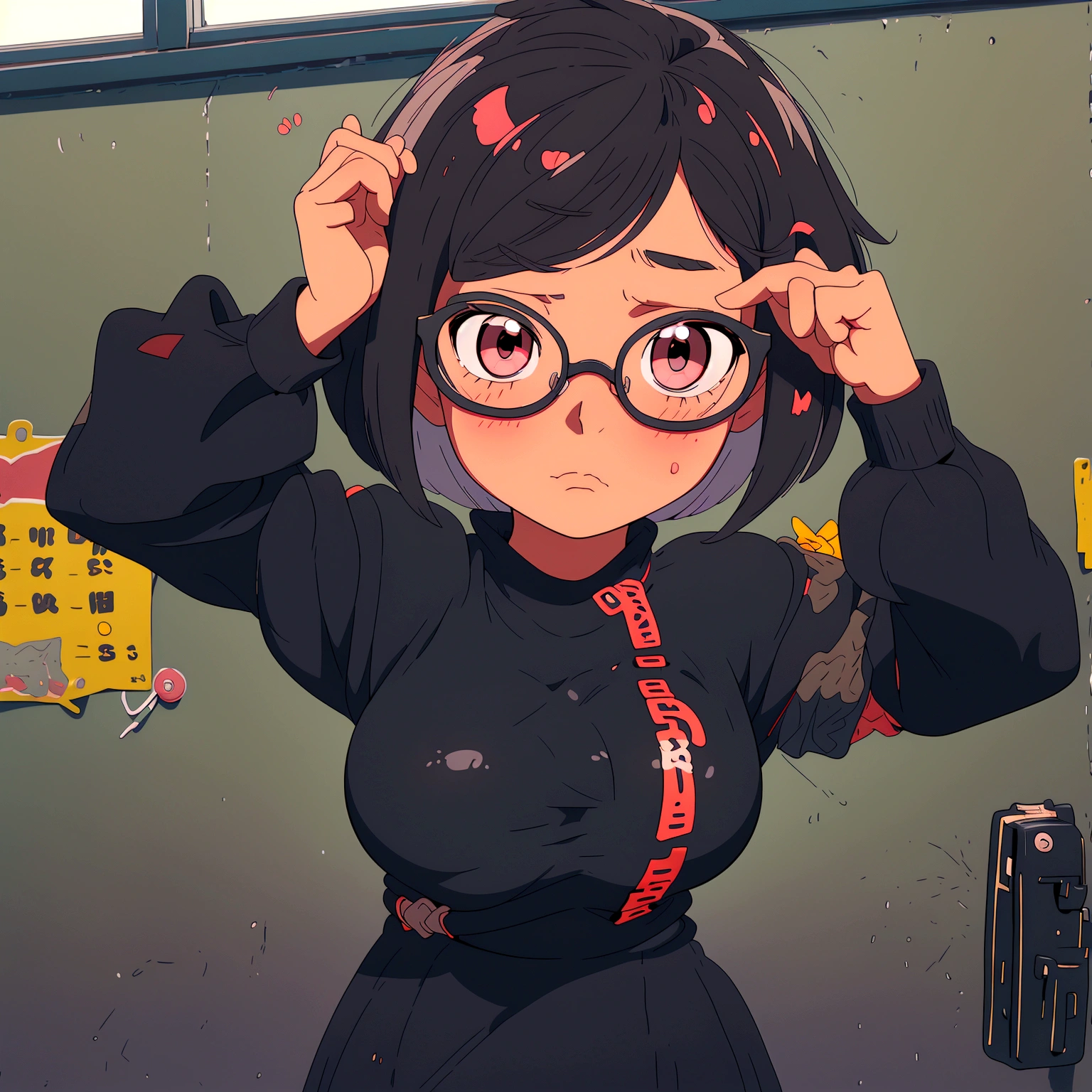 without underwear,A bob-cut elementary school girl wearing glasses, black eye, no wearing, rubbing her breasts, large breasts, looking up, black hair, winking, inside school, sad