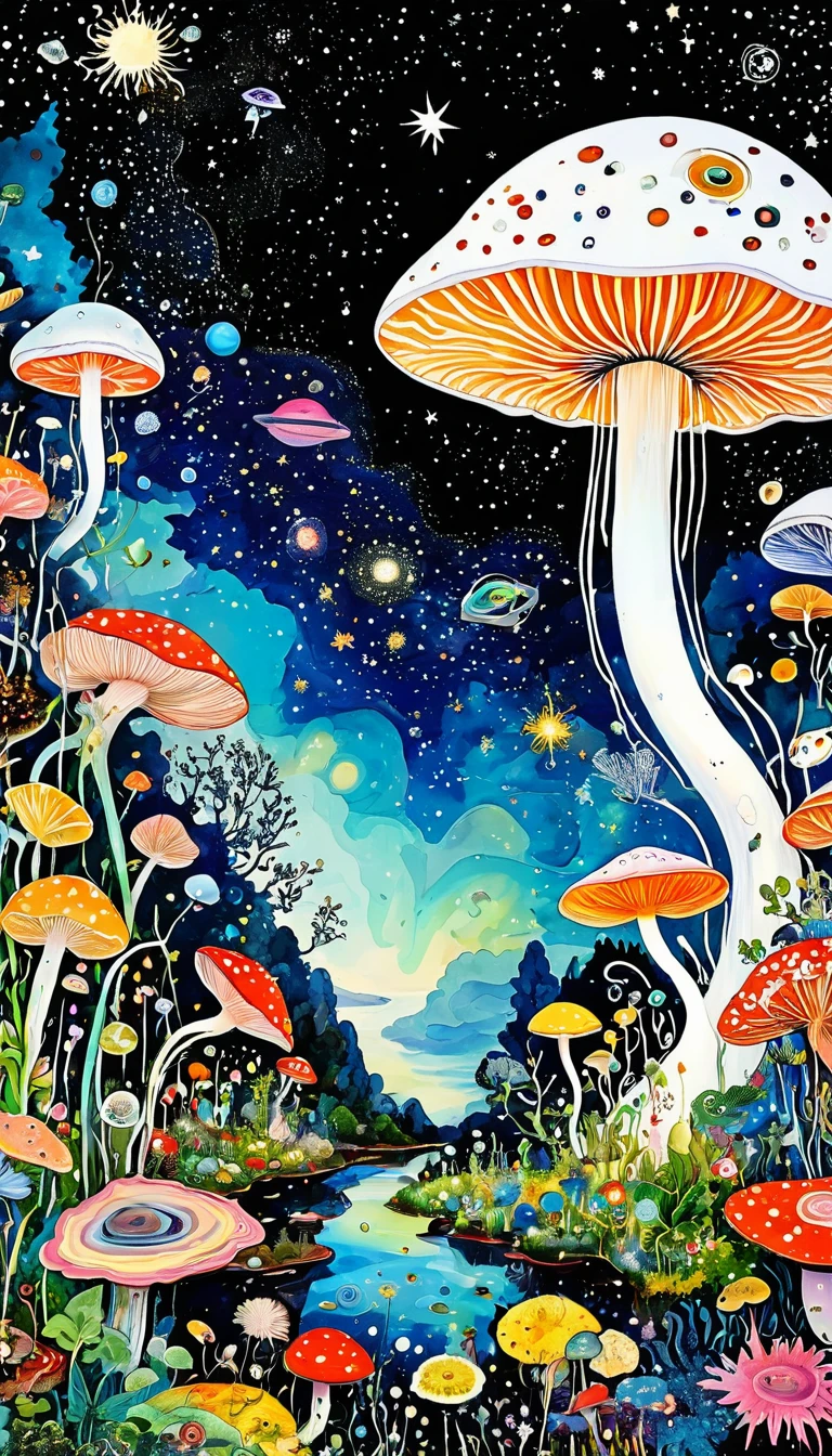 Fungi,microorganism,plant、Marine life、Eye、Starry Sky,An abstract painting at the joint,Describing the inner world of autistic people,Sense of space,White Space,Psychedelic Art