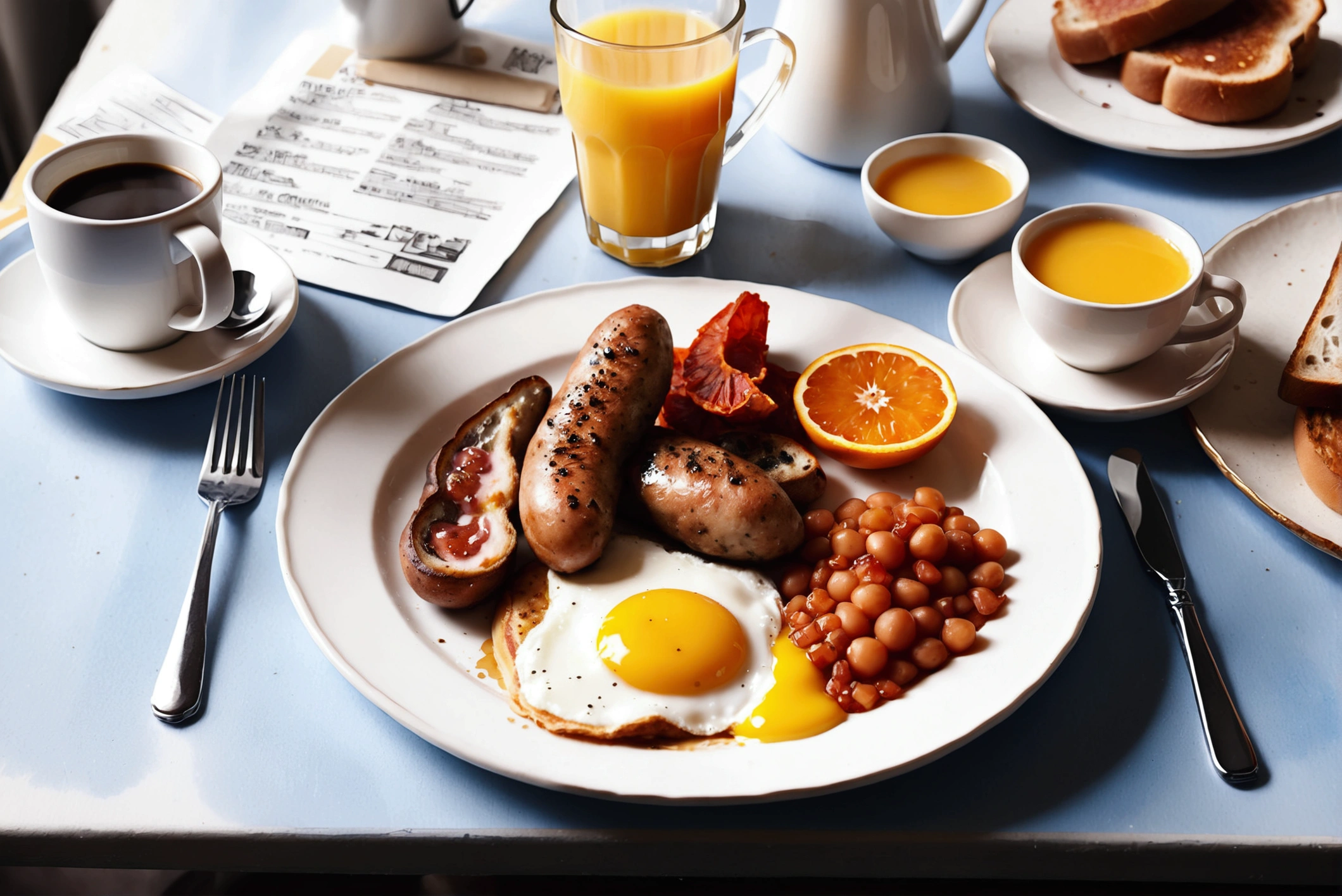 A watercolor painting of a full English breakfast menu, with a cup of coffee and orange juice, isolated, surrounded with negative space, vector clipart
