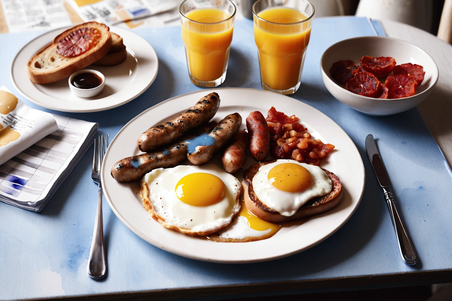 A watercolor painting of a full English breakfast menu, with a cup of coffee and orange juice, isolated, surrounded with negative space, vector clipart