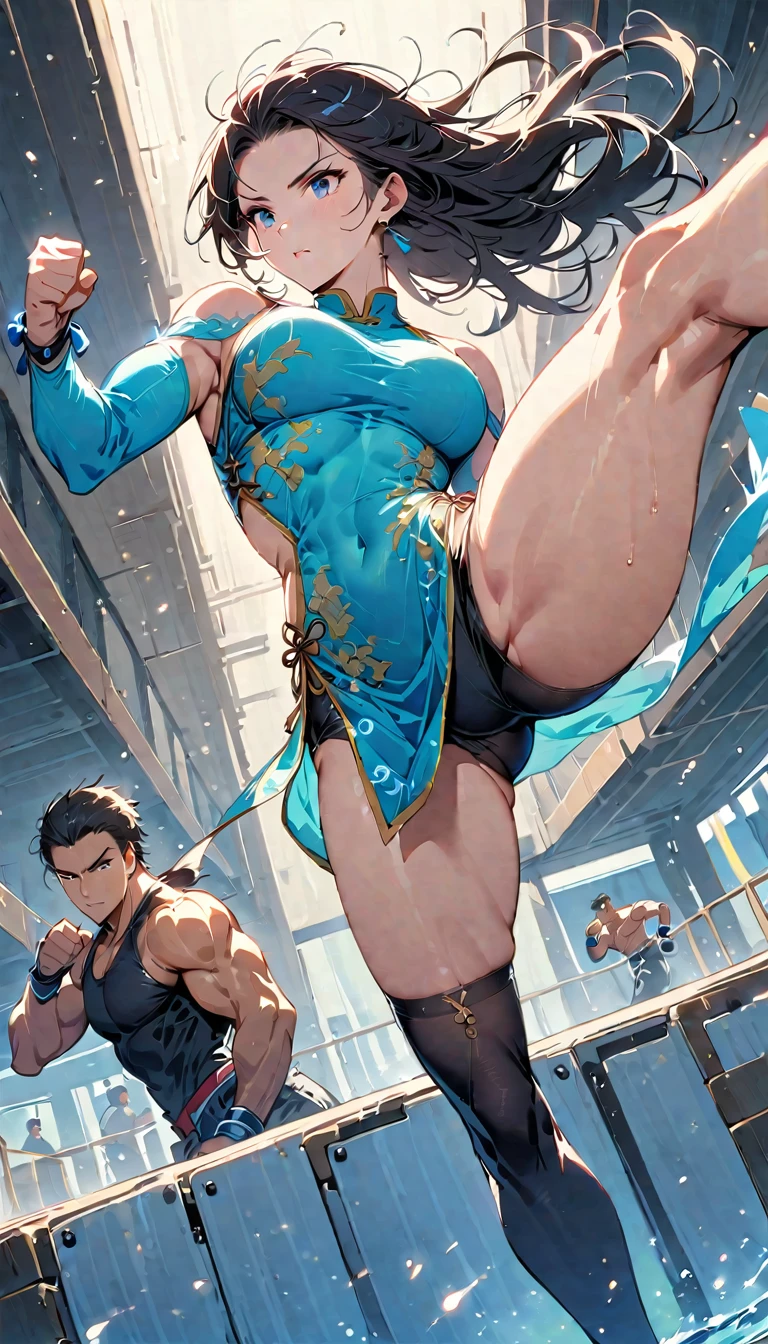 Boxing Match between muscular woman and doing a  very high kick, six pack, no men in background , Chinese dress crop top,  and leggings ,portrait, empty dojo background 