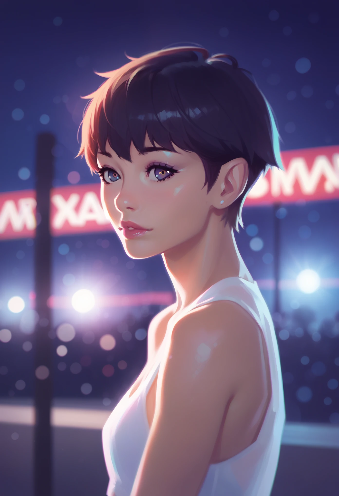 score_9, score_8_up, score_7_up, score_6_up, aesthetic portrait, 1girl,solo, short hair, bokeh, depth of field, cinematic, nighttime, neon colors, hard lights, rim lights