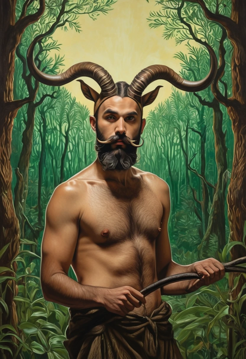 This painting depicts a man with horns on his head, resembling a goat. The background shows a forest setting, adding to the mysterious and mythical atmosphere of the artwork. The man is portrayed with a mustache and a beard, giving him a rugged and enigmatic appearance. He is standing in front of a mirror, seemingly examining his reflection. The illustration is rich in earthy tones, with shades of brown and green dominating the color palette. The overall mood is dark and intriguing, inviting the viewer to ponder the symbolism behind the man''s horned figure.