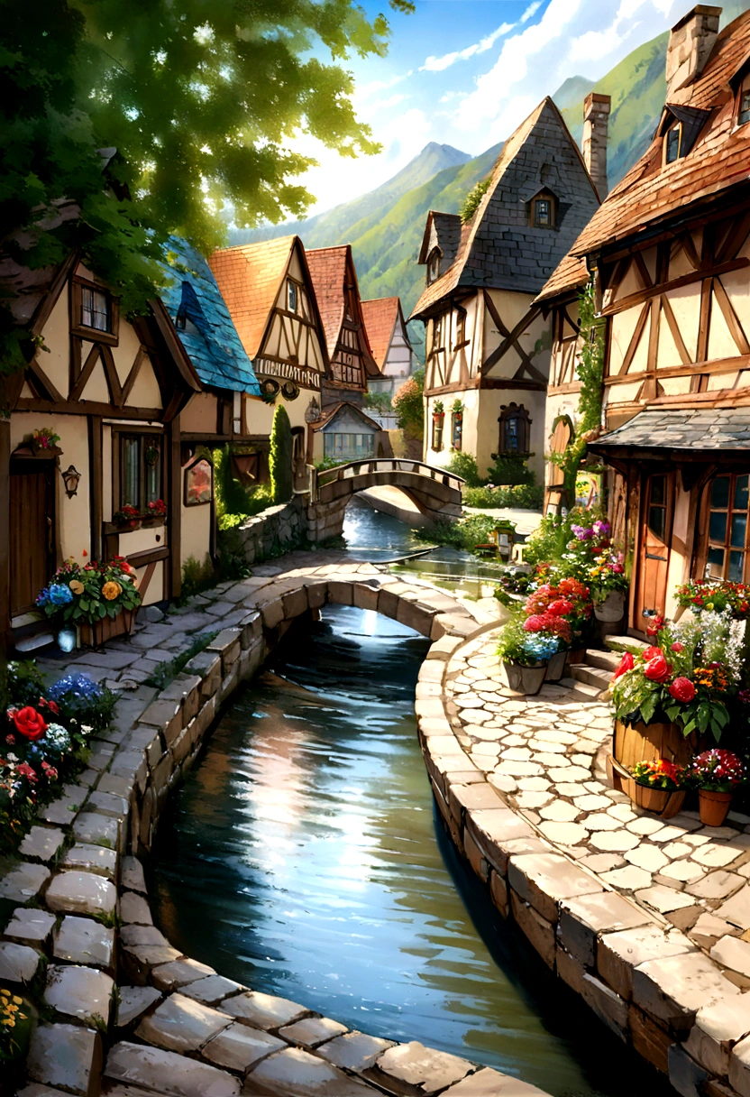 Cobblestone houses, cobblestone chimneys all with smoke rising, rich vibrant flower hedges everywhere, small creek and waterfall, mini benches, mini old street, mini boats, small houses, mini alpine village, mini bridge, mini village, cozy houses, mini world, mini old houses, village in Switzerland small cozy cottages, roses, village street, rustic style, luis royo, van Gogh, Thomas kinkade, Leonid Afremov, germany, pond, stream, german plants, german architecture, german flowers, sunny day with clouds, germany colors, Mysterious, Mysterious, Watercolor, trending on artstation, sharp focus, studio photo, intricate details, highly detailed, by greg rutkowski, Watercolor, trending on artstation, sharp focus, studio photo, intricate details, highly detailed, by greg rutkowski