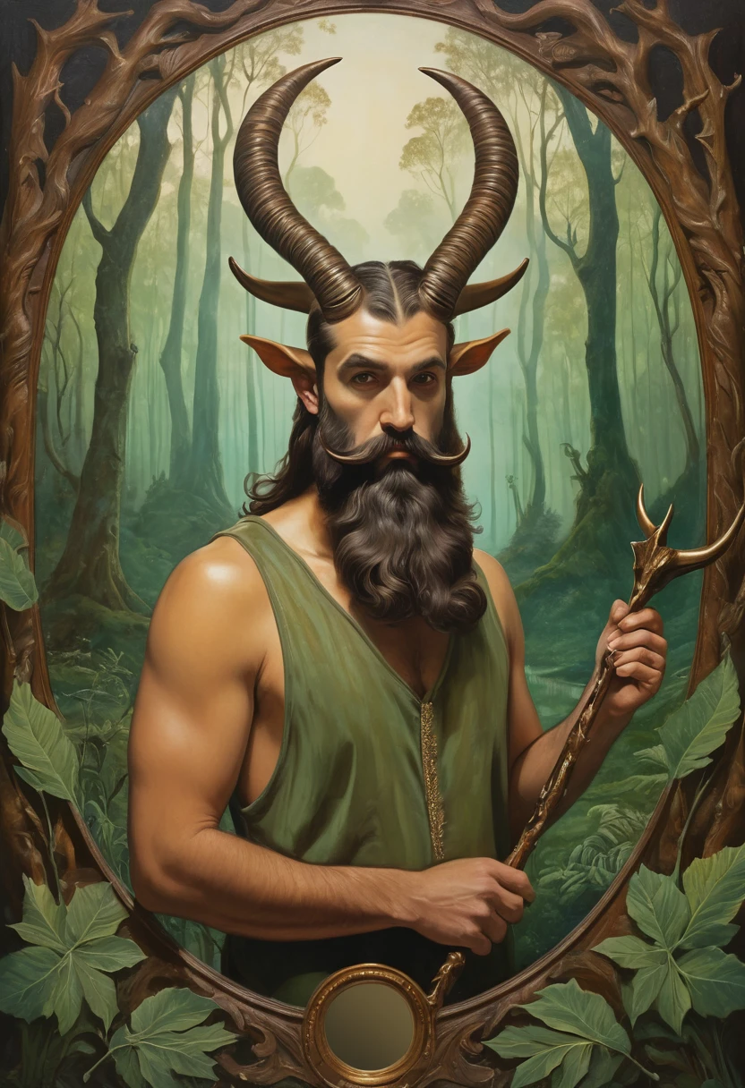 This painting depicts a man with horns on his head, resembling a goat. The background shows a forest setting, adding to the mysterious and mythical atmosphere of the artwork. The man is portrayed with a mustache and a beard, giving him a rugged and enigmatic appearance. He is standing in front of a mirror, seemingly examining his reflection. The illustration is rich in earthy tones, with shades of brown and green dominating the color palette. The overall mood is dark and intriguing, inviting the viewer to ponder the symbolism behind the man''s horned figure.