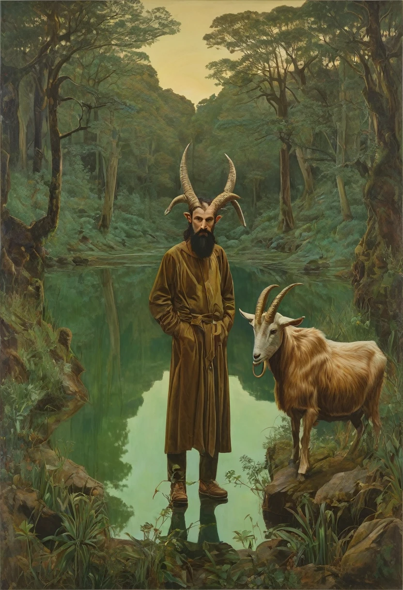 This painting depicts a man with horns on his head, resembling a goat. The background shows a forest setting, adding to the mysterious and mythical atmosphere of the artwork. The man is portrayed with a mustache and a beard, giving him a rugged and enigmatic appearance. He is standing in front of a mirror, seemingly examining his reflection. The illustration is rich in earthy tones, with shades of brown and green dominating the color palette. The overall mood is dark and intriguing, inviting the viewer to ponder the symbolism behind the man''s horned figure.