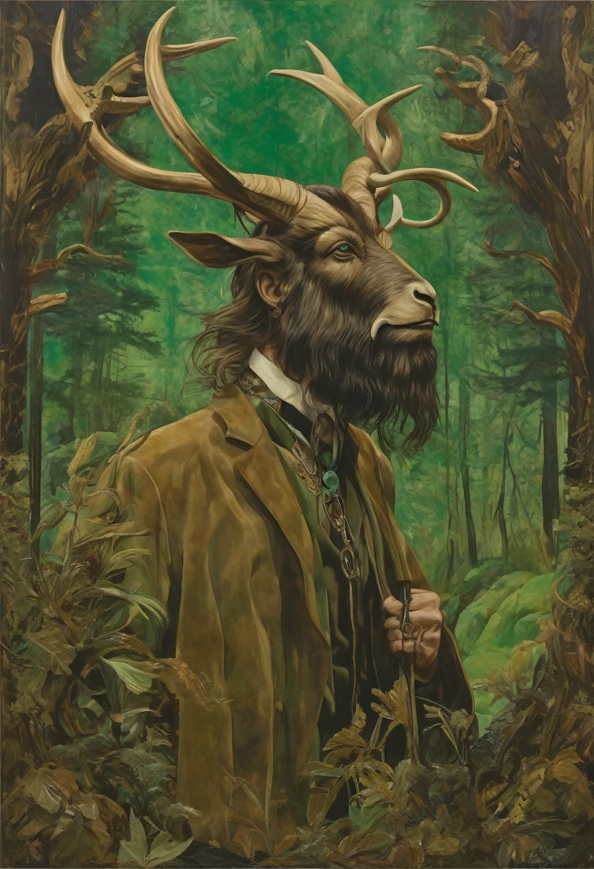 This painting depicts a man with horns on his head, resembling a goat. The background shows a forest setting, adding to the mysterious and mythical atmosphere of the artwork. The man is portrayed with a mustache and a beard, giving him a rugged and enigmatic appearance. He is standing in front of a mirror, seemingly examining his reflection. The illustration is rich in earthy tones, with shades of brown and green dominating the color palette. The overall mood is dark and intriguing, inviting the viewer to ponder the symbolism behind the man''s horned figure.