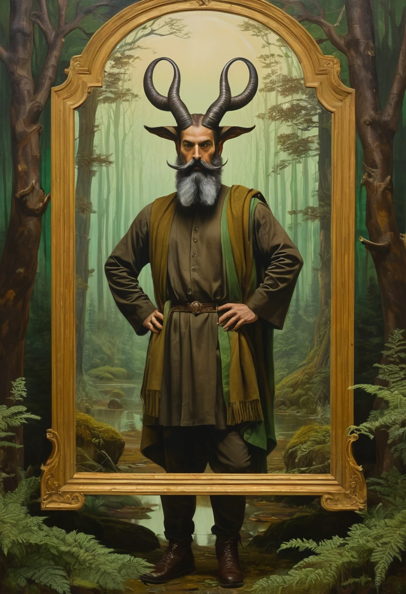 This painting depicts a man with horns on his head, resembling a goat. The background shows a forest setting, adding to the mysterious and mythical atmosphere of the artwork. The man is portrayed with a mustache and a beard, giving him a rugged and enigmatic appearance. He is standing in front of a mirror, seemingly examining his reflection. The illustration is rich in earthy tones, with shades of brown and green dominating the color palette. The overall mood is dark and intriguing, inviting the viewer to ponder the symbolism behind the man''s horned figure.