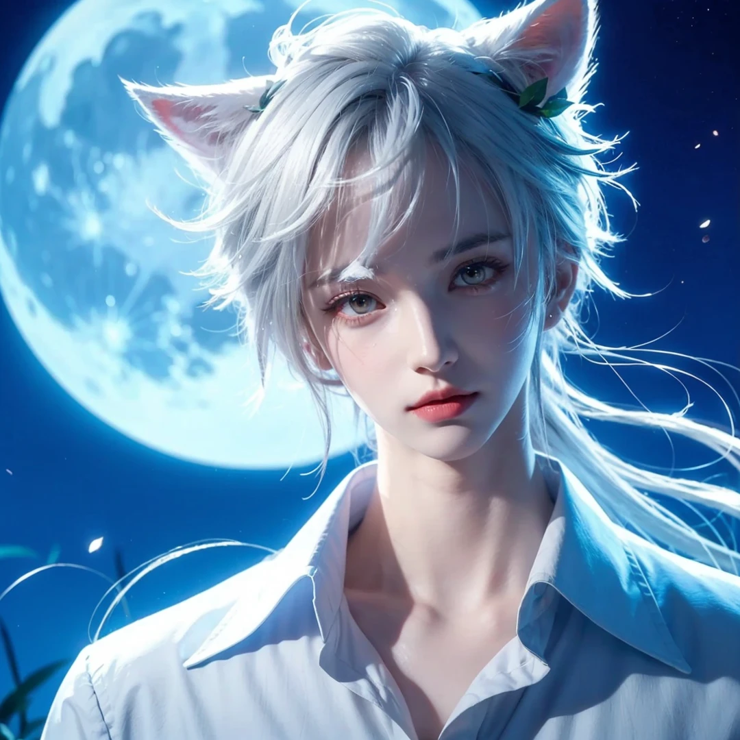 Handsome boy, white hair, scarlet eyes, white wolf ear, with green leaves on his hair, wearing plain white dress shirt, blue full moon, nighttime, fierce look