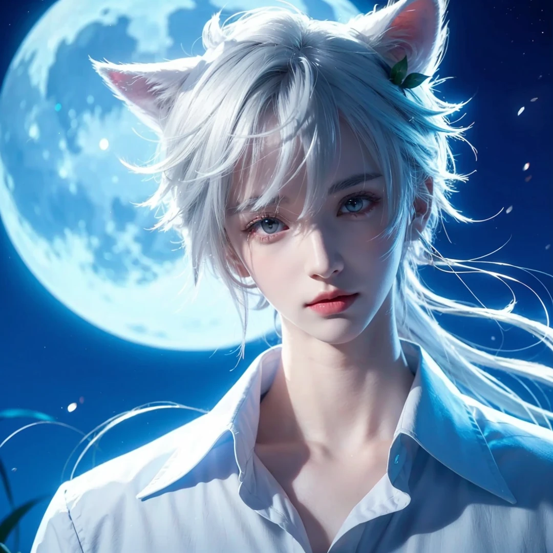 Handsome boy, white hair, scarlet eyes, white wolf ear, with green leaves on his hair, wearing plain white dress shirt, blue full moon, nighttime, fierce look