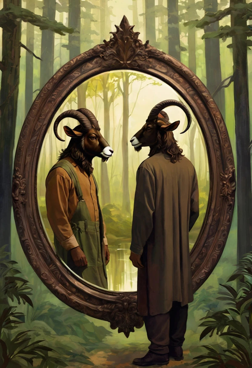 This painting depicts a man with horns on his head, resembling a goat. The background shows a forest setting, adding to the mysterious and mythical atmosphere of the artwork. The man is portrayed with a mustache and a beard, giving him a rugged and enigmatic appearance. He is standing in front of a mirror, seemingly examining his reflection. The illustration is rich in earthy tones, with shades of brown and green dominating the color palette. The overall mood is dark and intriguing, inviting the viewer to ponder the symbolism behind the man''s horned figure.