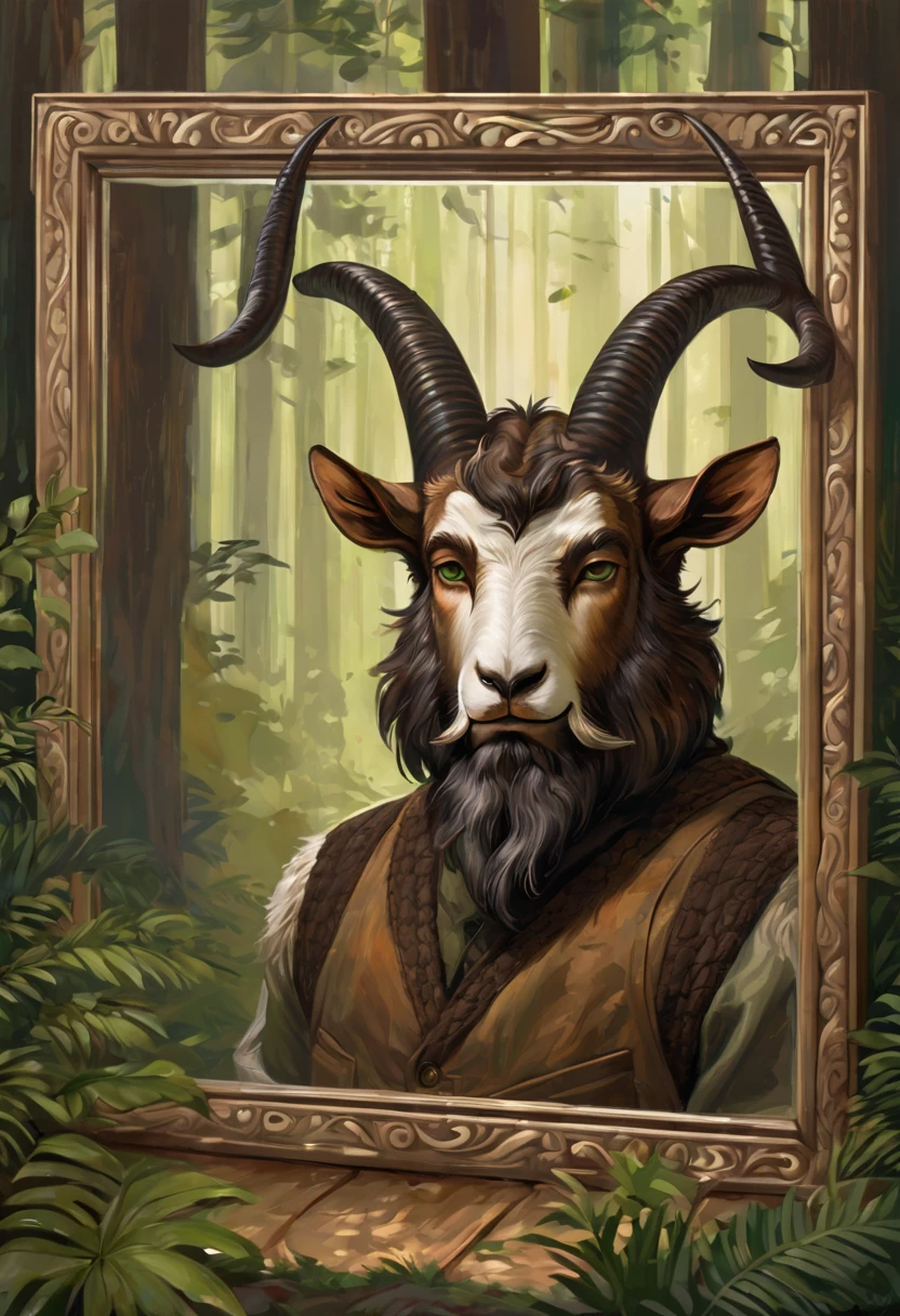 This painting depicts a man with horns on his head, resembling a goat. The background shows a forest setting, adding to the mysterious and mythical atmosphere of the artwork. The man is portrayed with a mustache and a beard, giving him a rugged and enigmatic appearance. He is standing in front of a mirror, seemingly examining his reflection. The illustration is rich in earthy tones, with shades of brown and green dominating the color palette. The overall mood is dark and intriguing, inviting the viewer to ponder the symbolism behind the man''s horned figure.