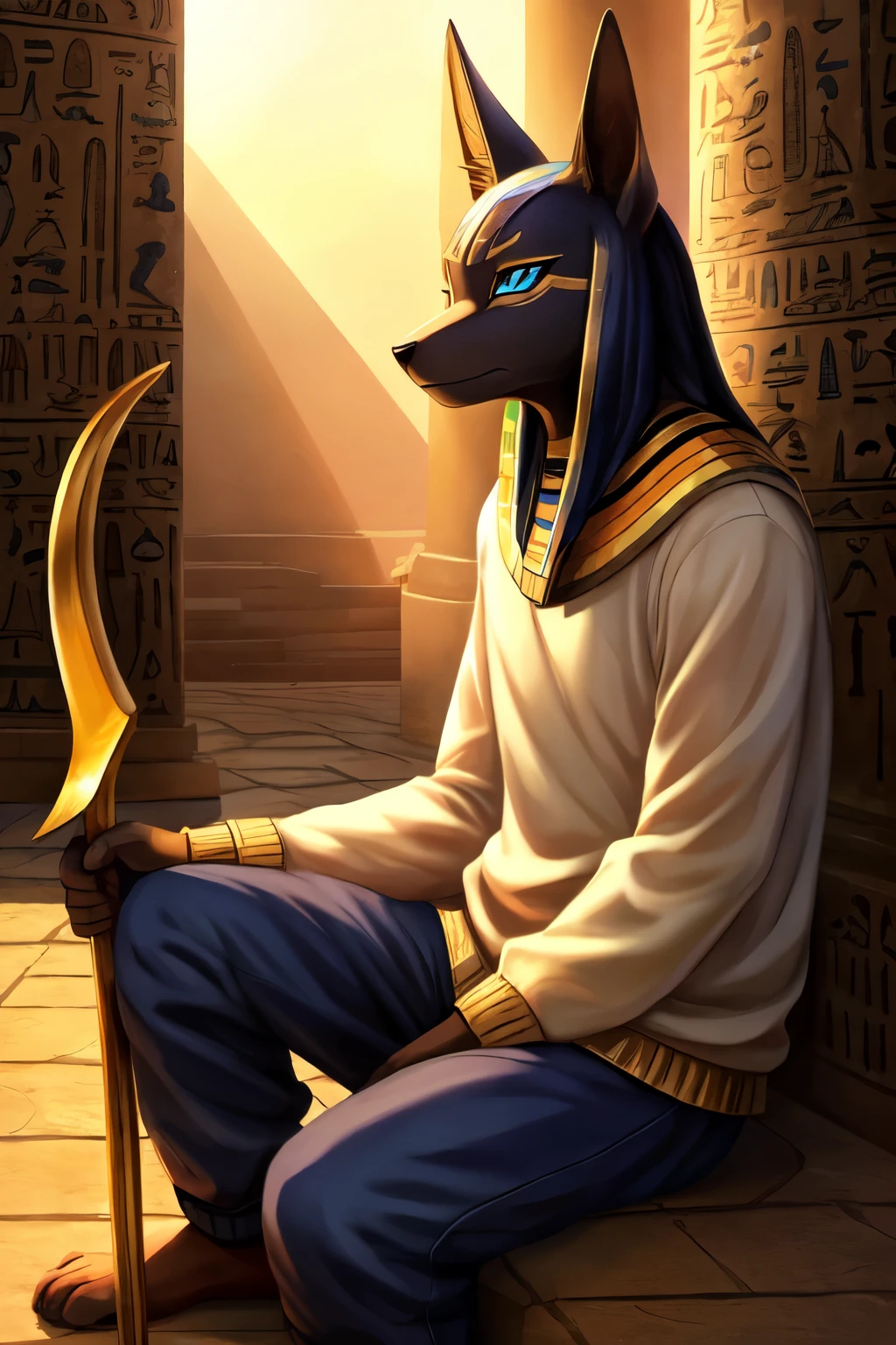 ((best quality)), ((masterpiece)), (detailed), 1boy, furry, kemono, god anubis, anubis, sitting, sad, egypt, jumper, pants, golden scythe, blue eyes,