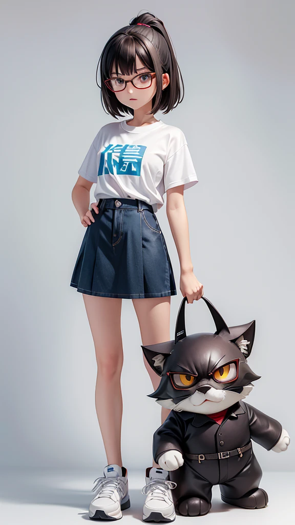 (Highest quality:1.2)。One Woman。Glasses。Angry expression。(Wearing a shirt)。(standing)。The background is a white。(the word "SELA" is written on his shirt )