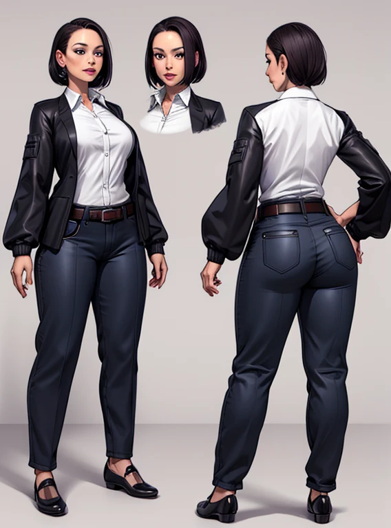 digital art, highly detailed, reference sheet in multiple angles, standing pose, feminine features, mature woman, adult female, whole body, bald, form-fitting, jacket, office shirt, sleeves folded up to mid-arm, belt, long pants, flat shoes, 1woman, solo, upper body, lower body, ((Extremely Detailed)), ((Best Quality)), ((Masterpiece)), ((4k)).