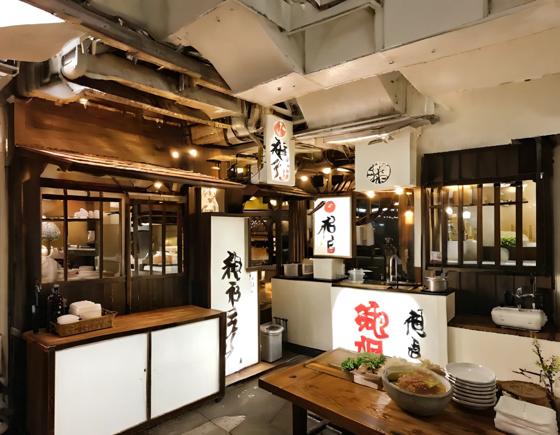 (MASTER INTERIOR DESIGNS), (GOOD DETAIL) An interior shot of a reception space in a ramen restaurant with a modern Japanese style. The space is decorated with Japanese details and has a white color scheme. The restaurant is inspired by the Hokkaido region of Japan and features mountain-themed decor. The space is well-lit and has a warm and inviting atmosphere.
