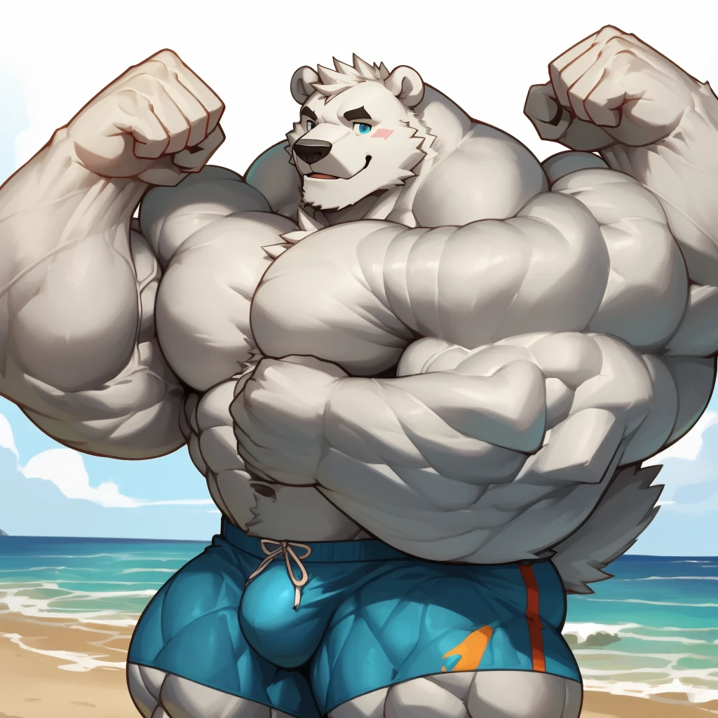 solo, 1boy, correct anatomy, perfect anatomy, (furry white bears, polar bear,) perfect proportion,l, big eyes, wide chest, bulky, bulk, bulge, happy. Huge Muscular Old man at the beach flexing his whole body,(blue shorts), view from side, pectoral, thick arms, huge pectoral, huge white fur, wide pectoral, tropical beach background, masterpiece, semirealistic:1.2, high detailed, 8k, high resolution, perfect center, full view. ((really big muscle, massive muscular, sixpack, thick arms, wide pectoral, super huge muscle, hyper muscular, over sized muscle, huge arms, big arms, huge pectoral))