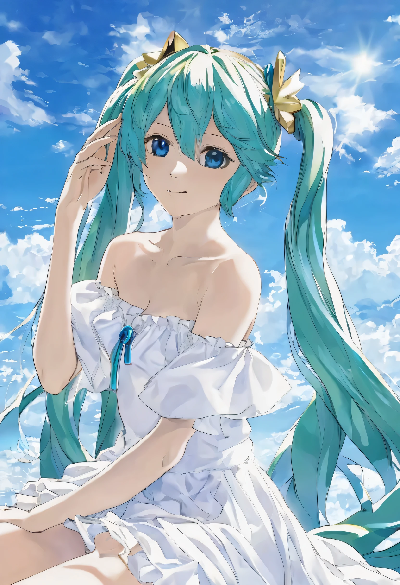 Hatsune Miku is sitting under the blue sky。
She is wearing a white off-the-shoulder dress。