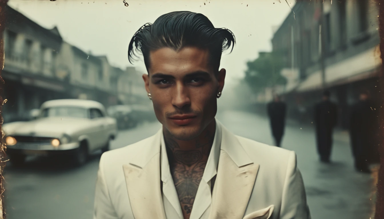 35mm vintage street photo of a handsome lady, horn, slick back hair, muscular, gangster, neck tattoo, face tattoo, head up, white suit, white shirt,evil laugh, determined eyes, glowing eyes, proud, scary, eerie, dark, lucifer, in the street, bokeh, professional