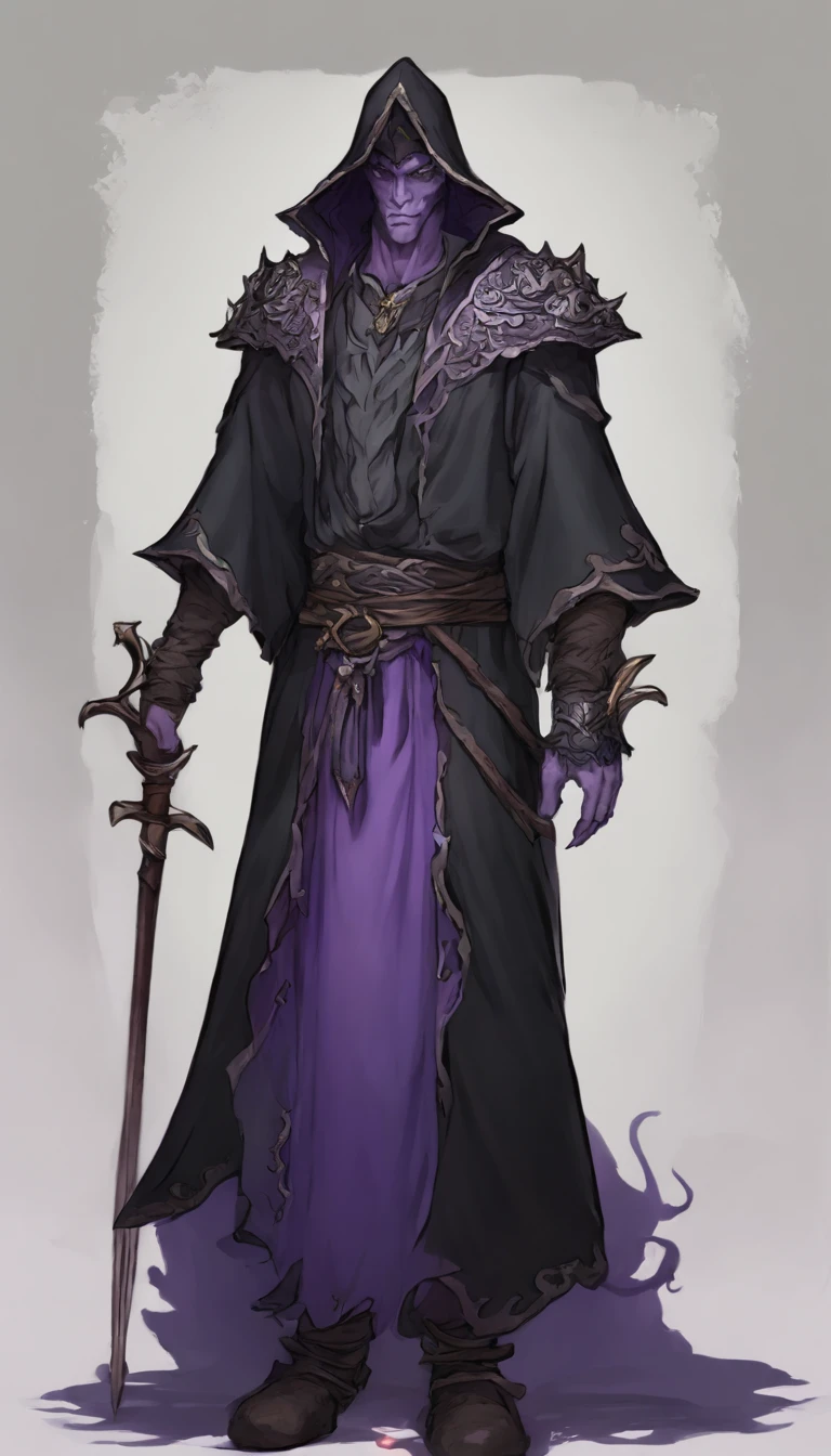 Mind flayer,Inspired by Dungeons & Dragons,Full body concept art illustration of Mind Flayer。The character has human-like proportions,tall、slim and muscular。The character has 4 tentacles extending from its chin,Light purple skin,Almost Blue。The character is dressed in exquisite、Luxurious black academic robes and ornate leather boots。Background is blank