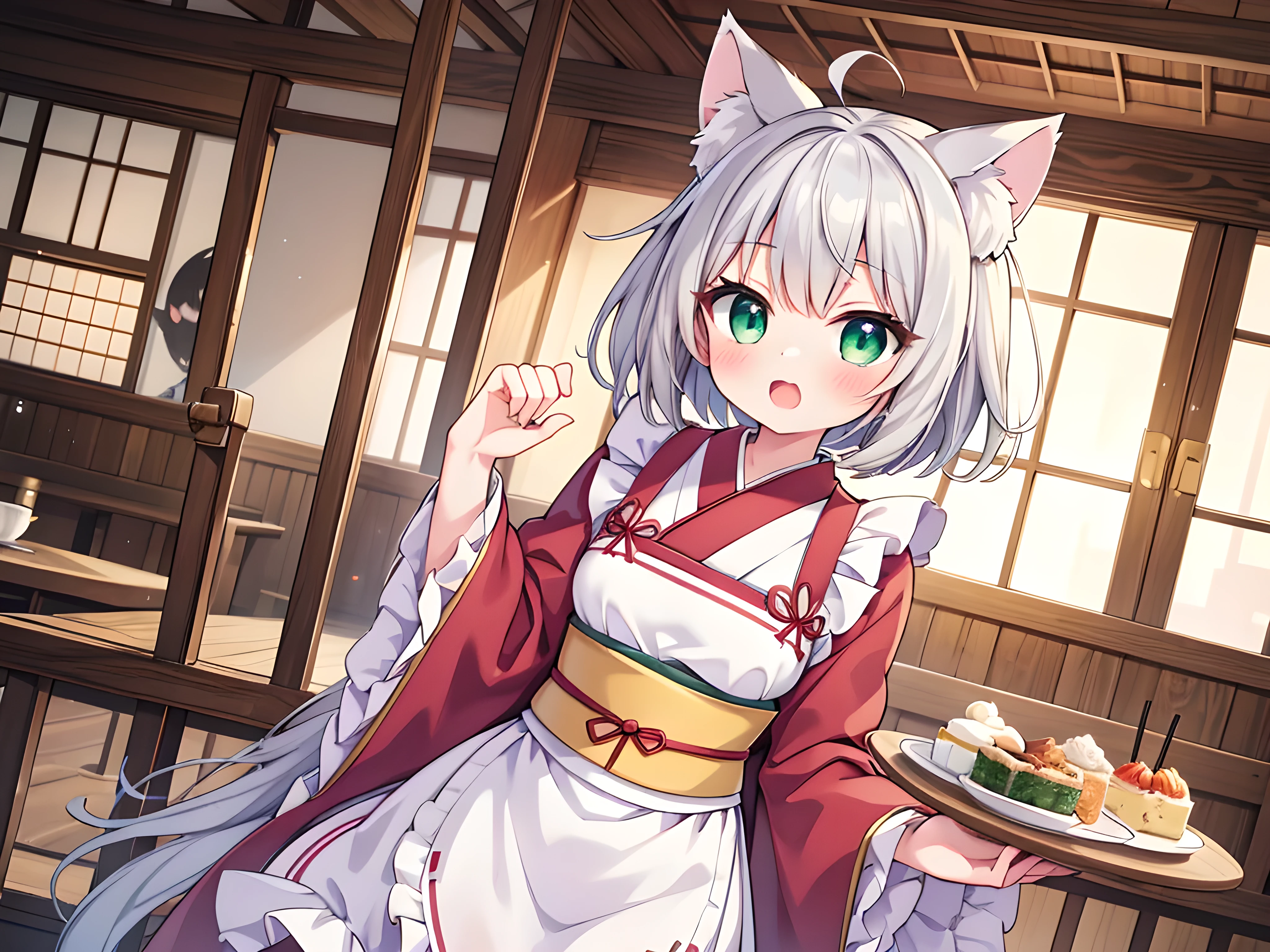 best quality,masterpiece,
insanely detailed, absurdres, ultra-highres, ultra-detailed, best quality
kawaii, ultra detailed eyes, ultra cute, ultra beautiful
masterpiece, super fine illustration, light particles, ultra detailed, perfect anatomy, Japanese anime style, 8K,
BREAK
1catgirl, cat ears, solo, original, bangs, eyes, (hair, short hair), eyebrows visible through hair, open mouth, kanzashi,
(frilled kimono, short kimono), (long sleeves, wide sleeves), apron,
blush, light smile, (tray, holding tray, green tea, dessert),
cowboy shot, looking at viewer, dynamic angle,
at zashiki, indoors, shouji background,