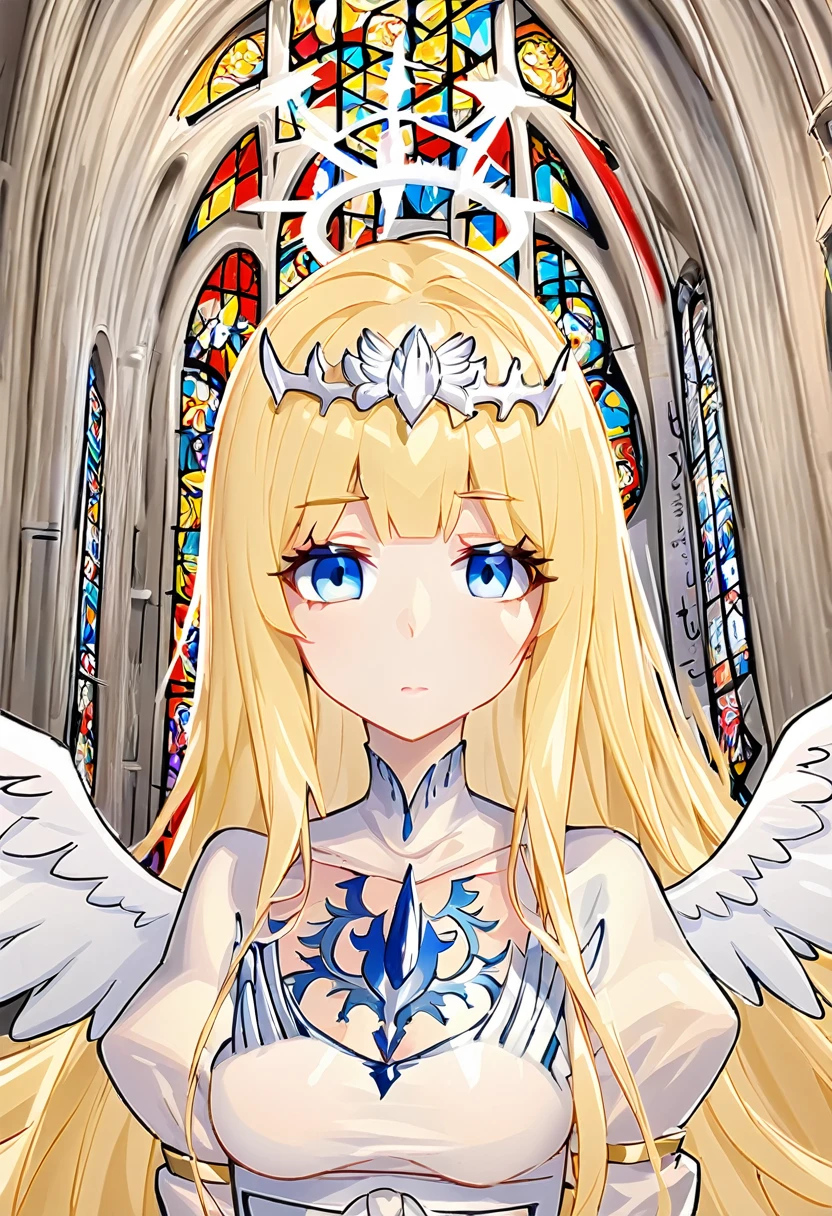 1angel,solo, calca, blonde hair, ,( extremely long hair:1.3), very long hair, extra long hair, white tiara, white dress, blue eyes,Calca Bessarez, medium breast,Calca, indoor, church, cathedral, stained glass, close up, upper body, (extremely large white wings:1.2), angel feature wings, halo