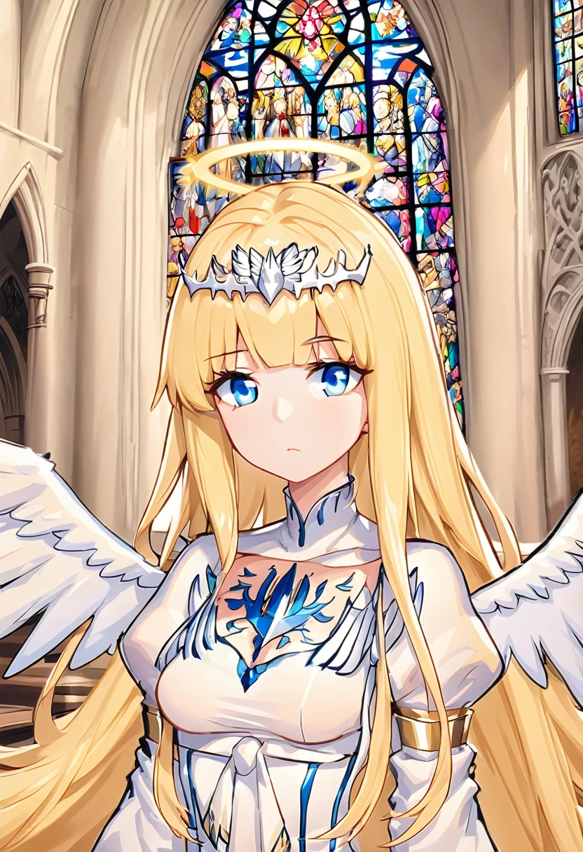 1angel,solo, calca, blonde hair, ,( extremely long hair:1.3), very long hair, extra long hair, white tiara, white dress, blue eyes,Calca Bessarez, medium breast,Calca, indoor, church, cathedral, stained glass, close up, upper body, (extremely large white wings:1.2), angel feature wings, halo