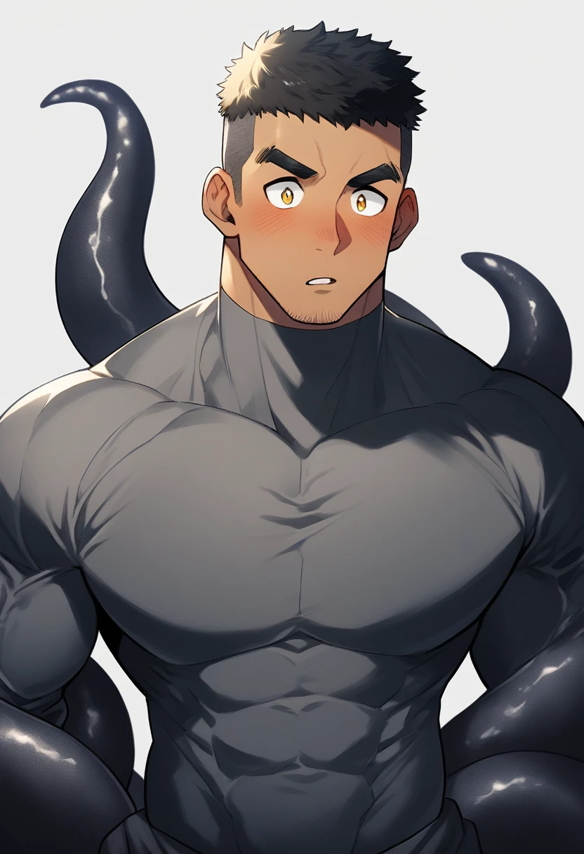 anime characters:Superhero in tights, negro black skin, He was entangled by a large number of thick black tentacles, Very stout, The tentacles are covered with a lot of milky white mucus, Wrap around the neck, Wrap around the waist, Tightly tied, Manliness, male focus, Yellow and black high collar long sleeve tight T-shirt, Slightly transparent material, Very tight, Round, full and perky chest muscles, Male dog waist, Slightly transparent, muscular male, muscular, only, Upper body, alone, Black short hair, Thick eyebrows, stubble, Yellow eyes, Grey background, simple background, amazing quality, best aesthetics, Ridiculous, bright pupils, crew cut, parted lips, blush, open mouth, scared, drop shadow, best quality