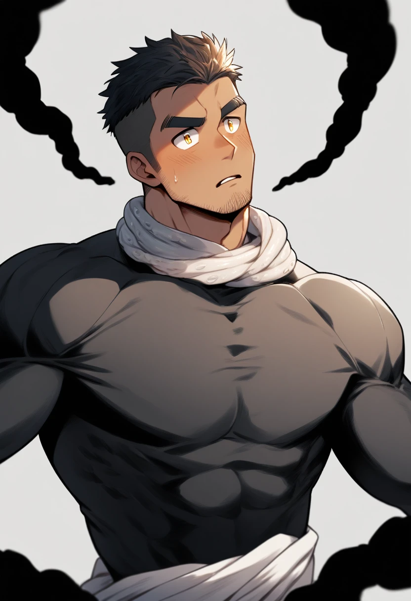 anime characters：Superhero in tights, negro black skin, He was entangled by a large number of thick black tentacles, Very stout, The tentacles are covered with a lot of milky white mucus, Wrap around the neck, Wrap around the waist, Tightly tied, Manliness, male focus, Yellow and black high collar long sleeve tight T-shirt, Slightly transparent material, Very tight, Round, full and perky chest muscles, Male dog waist, Slightly transparent, muscular male, muscular, only, Upper body, alone, Black short hair, Thick eyebrows, stubble, Yellow eyes, Grey background, simple background, amazing quality, best aesthetics, Ridiculous, bright pupils, crew cut, parted lips, blush, open mouth, scared, drop shadow, best quality