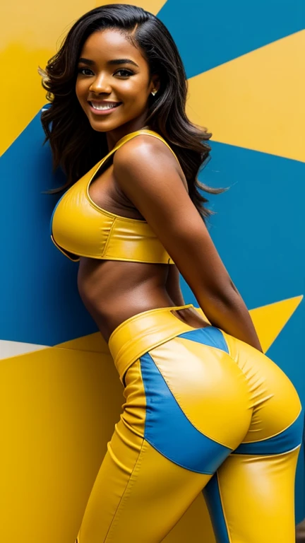 Leila Lopes showing her butt dressed in yellow and blue adjustable leather clothing and smiling