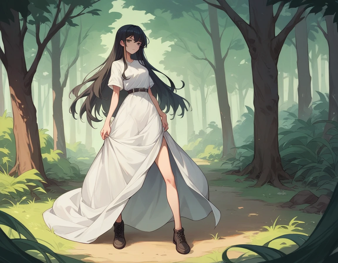 Girl in red long skirt、Bare legs and leather shoes、White shirt、Long black hair down to the waist、Big Tits、Fresh green forest