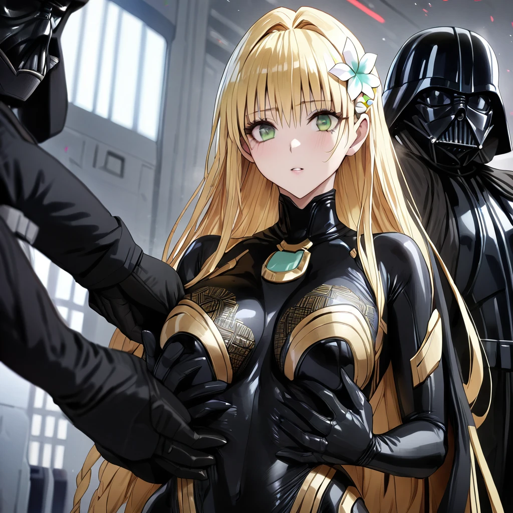 ((Highest quality)), ((masterpiece)), (detailed), (Perfect Face)、The woman is a Stormtrooper named Tiare, with green eyes, medium-length blonde hair, and is wearing a gorgeous black Stormtrooper bodysuit with gold patterns and trim, and a gorgeous black cape.、The woman is being held by Darth Vader