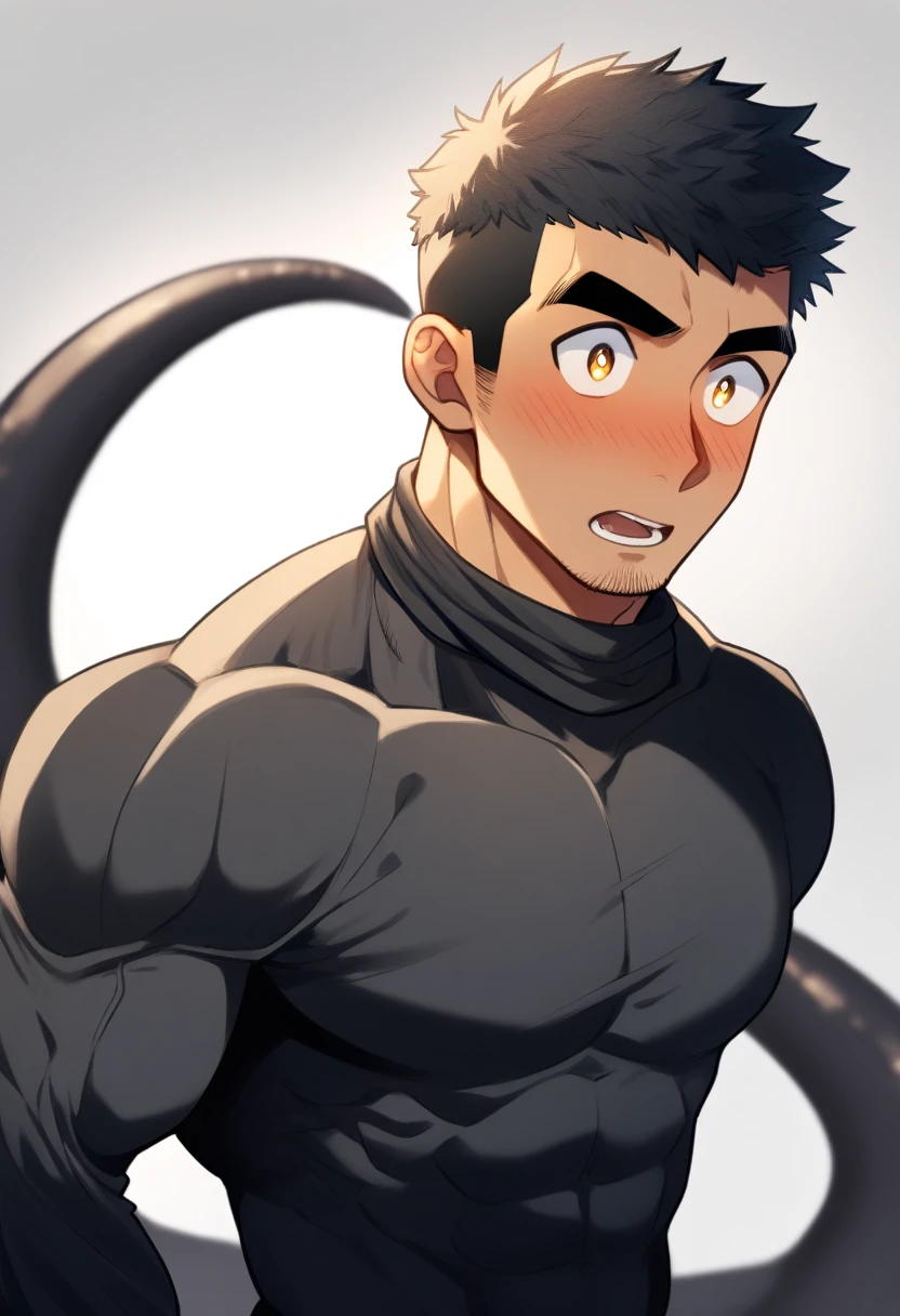 anime characters:Superhero in tights, negro black skin, He was entangled by a large number of thick black tentacles, Very stout, Lots of mucus, Wrap around the neck, Wrap around the waist, Tightly tied, Manliness, male focus, Yellow and black high collar long sleeve tight T-shirt, Slightly transparent material, Very tight, Round, full and perky chest muscles, Male dog waist, Slightly transparent, muscular male, muscular, only, Upper body, alone, Black short hair, Thick eyebrows, stubble, Yellow eyes, Grey background, simple background, amazing quality, best aesthetics, Ridiculous, bright pupils, crew cut, parted lips, blush, open mouth, scared, drop shadow, best quality