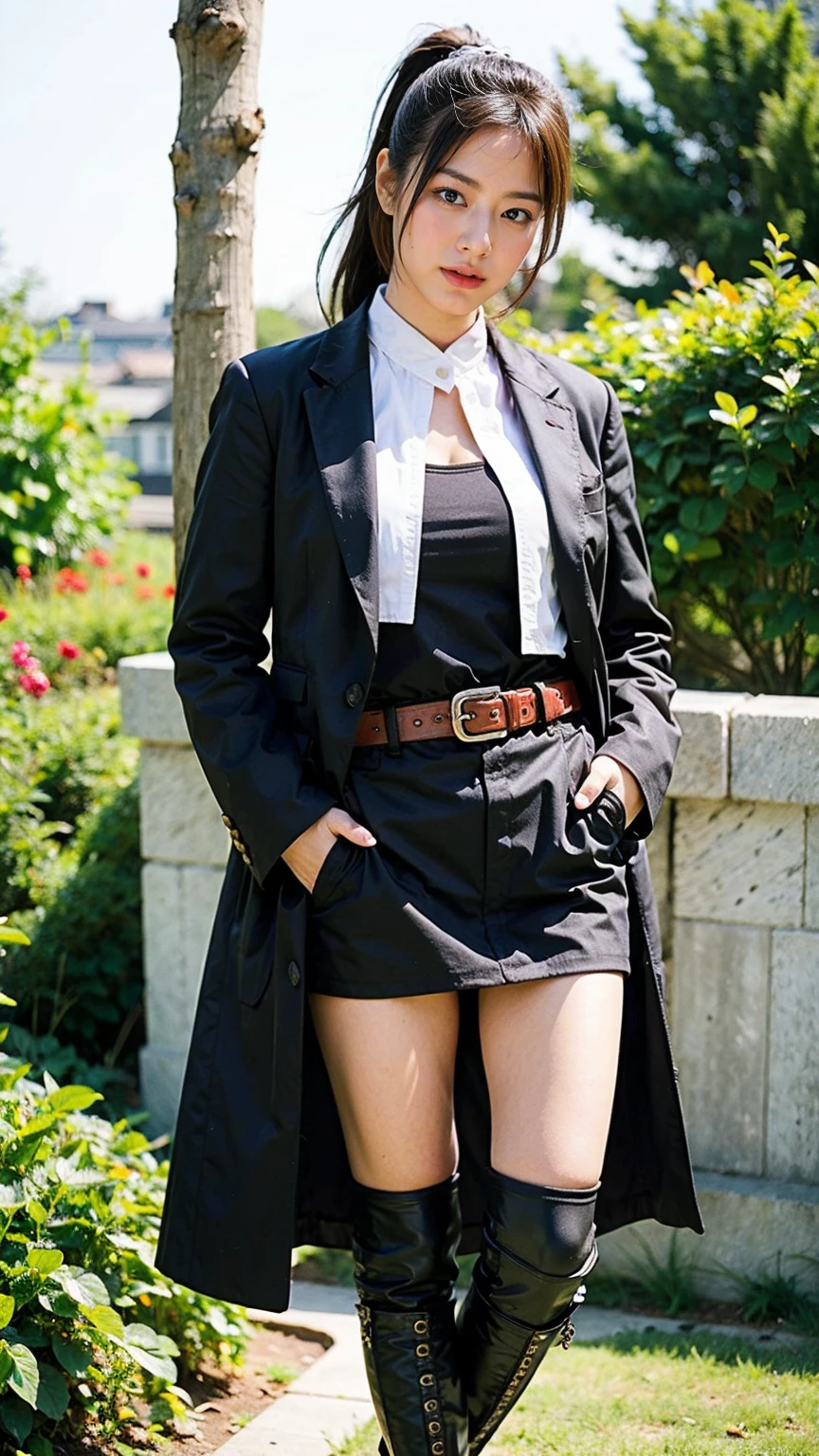 (8K、RAW Photos、Highest quality、masterpiece:1.2)、(Realistic、Realistic)、1 Girl、((black long coat、Black mini skirt、ponytail、smile、Thin legs、whole body、boots、one piece、garden、View from the front、Looking into the camera、belt、Stand with hands on hips))、cute