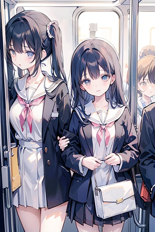 NSFW,３Only anime girls in school uniforms are crowded together in a narrow crowded train